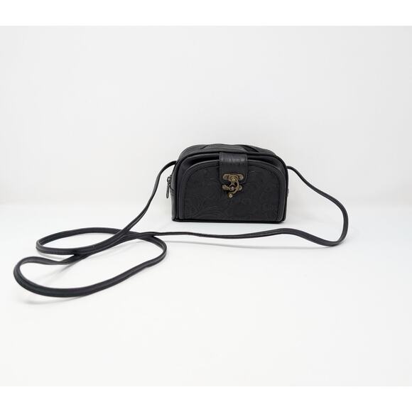 Vintage Handbags - Vintage 90s Mini Purse Black Crossbody Floral Tooled Faux Leather